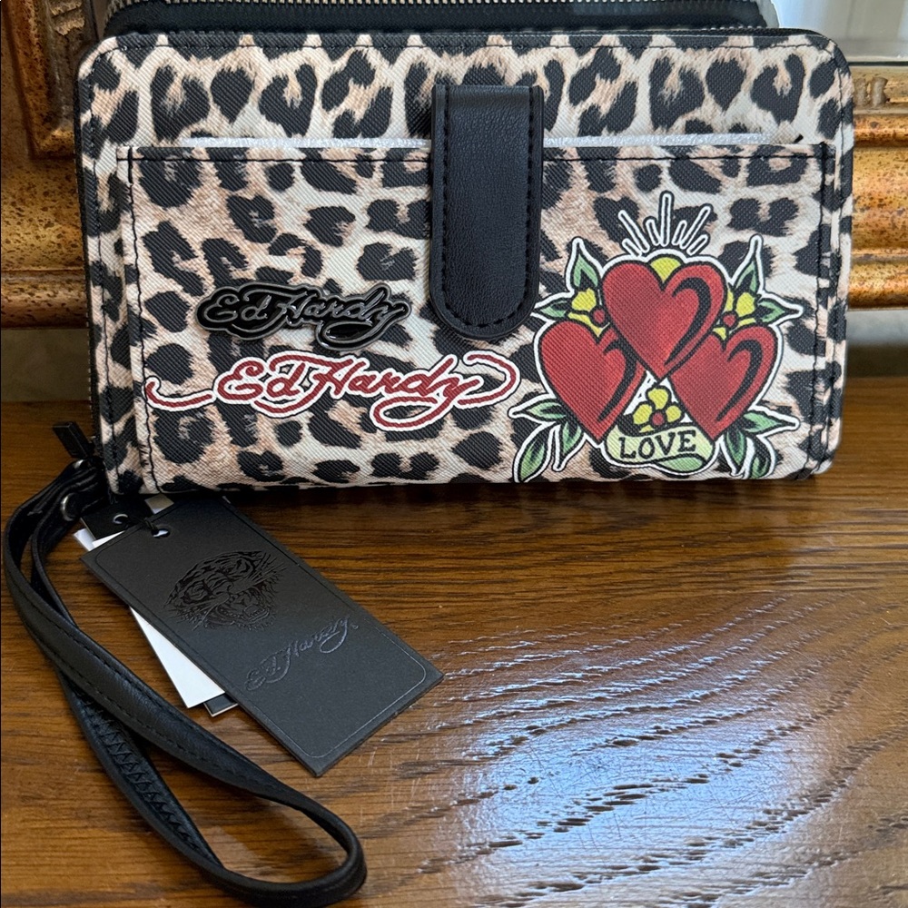 Ed Hardy Leopard Print Wallet with Red Heart Accents
